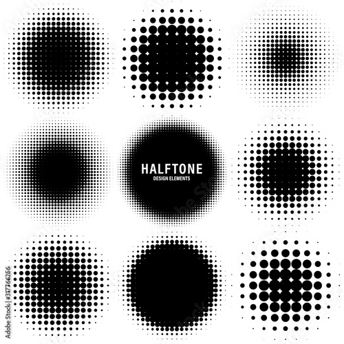 Circle halftone design elements with black dots isolated on white background. Comic dotted pattern.Vector illustration.