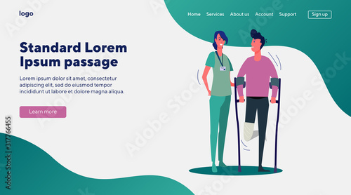 Doctor supporting patient with broken leg. Injured man, trauma, plaster cast flat vector illustration. First aid, trauma, medical help concept for banner, website design or landing web page