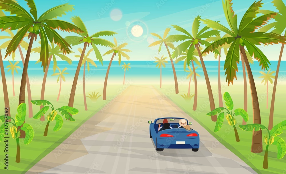 Road with car over the tropical island with palm trees to the ocean. Vector illustration of tropical island in cartoon style. 