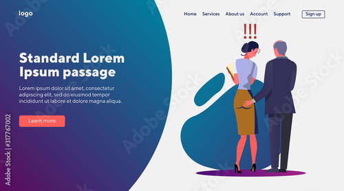 Sexual harassment at work. Businessman touching female colleague buttocks. Flat vector illustrations. Problem behavior, gender discrimination concept for banner, website design or landing web page