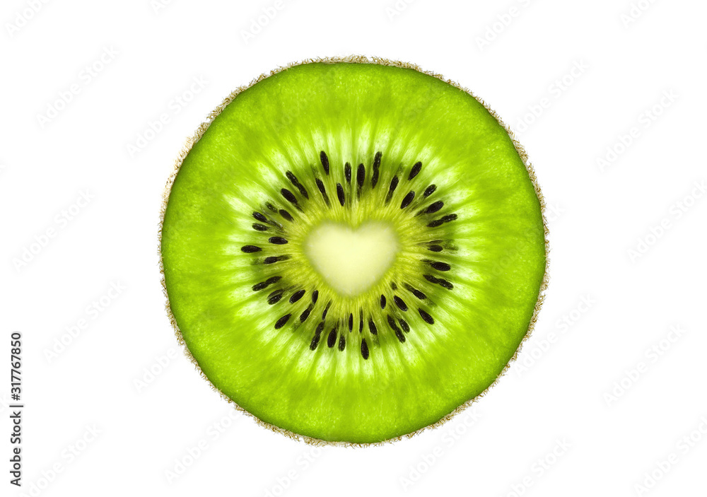 Beautiful slice of fresh juicy kiwi fruit with heart symbol isolated on white background Beautiful slice of fresh juicy kiwi fruit with heart symbol isolated on white background