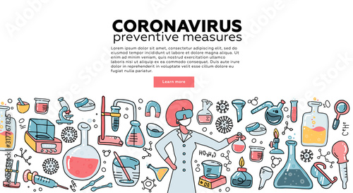 Microbiologist scientist research coronavirus CoV in the laboratory surrounded by virus  scientific medical equipment . Awareness campiagn. Tempalte for landing page. Flat vector illustration.