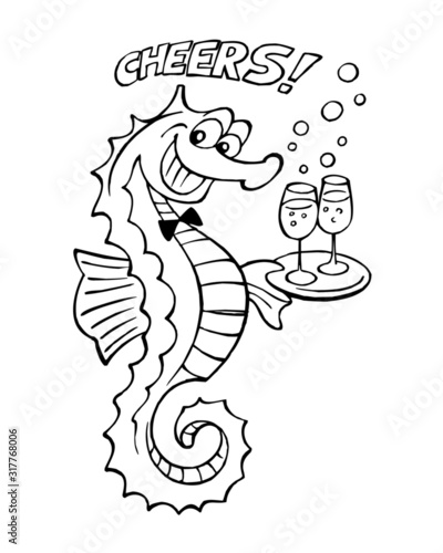 Seahorse waiter with two glasses of champagne on silver tray black and white clipart