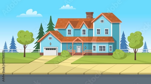 Facade building, suburban house with garage and green lawn. Vector cartoon illustration for games or animation. Layered background. 