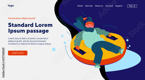 Kid sleighing on tubing sledge. Boy moving down slop on inflatable snow sled. Flat vector illustration. Winter, vacation, activity concept for banner, website design or landing web page