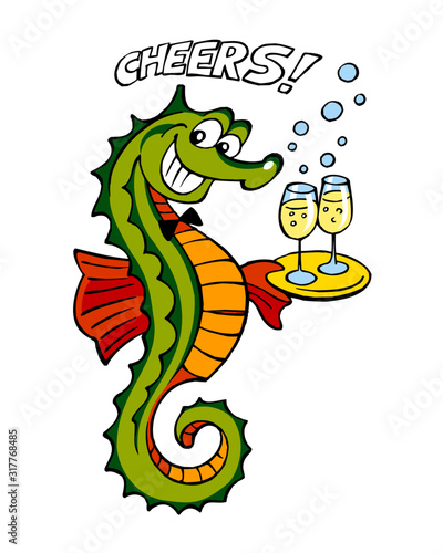 Seahorse waiter with two glasses of champagne on golden tray color clipart
