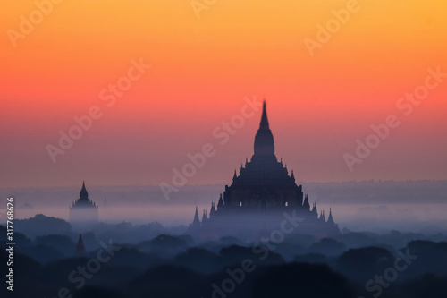 Ancient Buddhist Temples of Bagan Kingdom at sunrise. Myanmar  Burma 