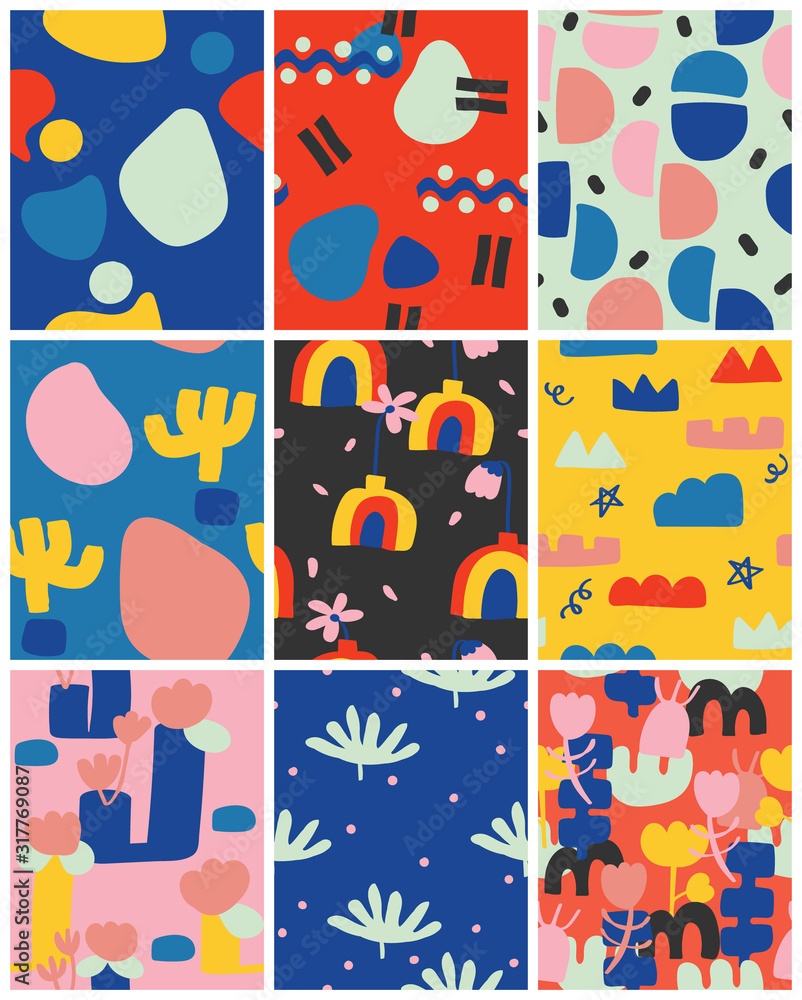 set of seamless pattern with cute shape. abstract pattern print for design. vector and illustration for kids. doodle colourful collection backgrounds.