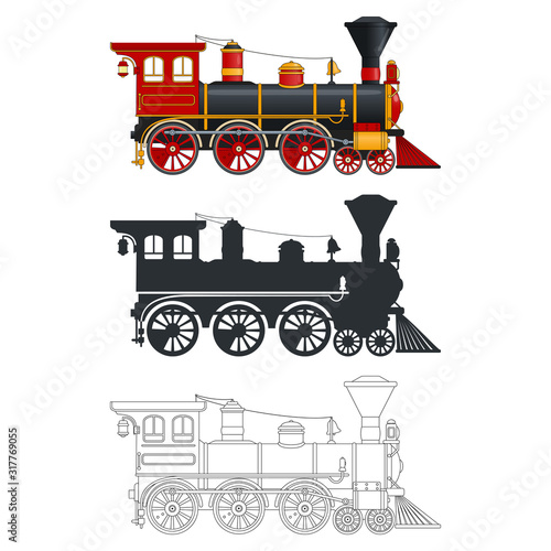 Vintage steam locomotive in retro style. Three different options: color, silhouette, outline. Coloring page