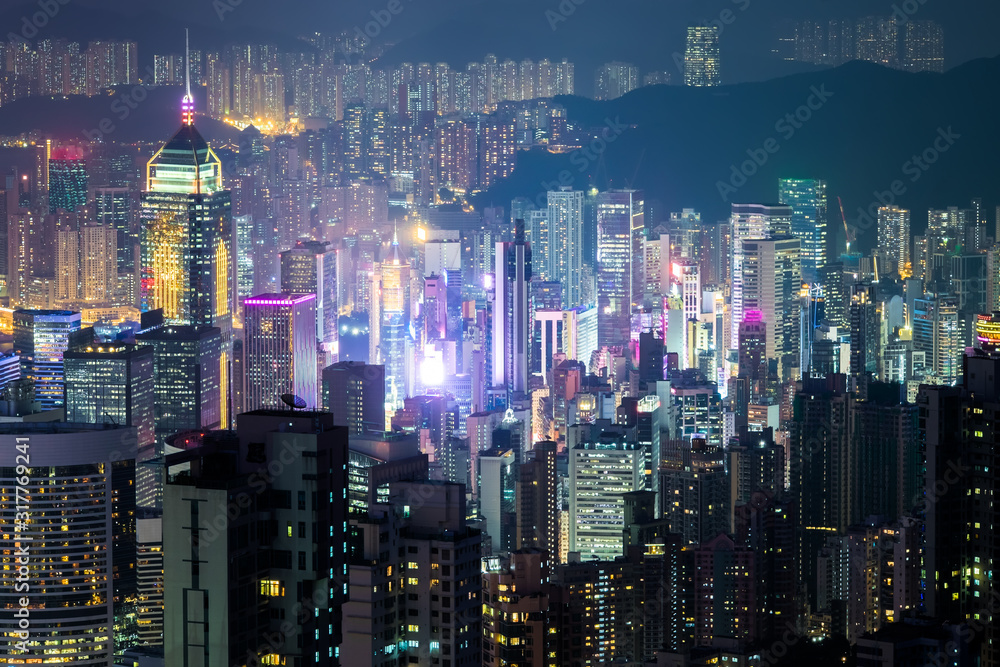 Abstract futuristic night cityscape. Hong Kong aerial view
