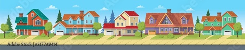 Cityscape with suburban houses, cottages and villas. Vector cartoon illustration for games or animation. Layered background. 