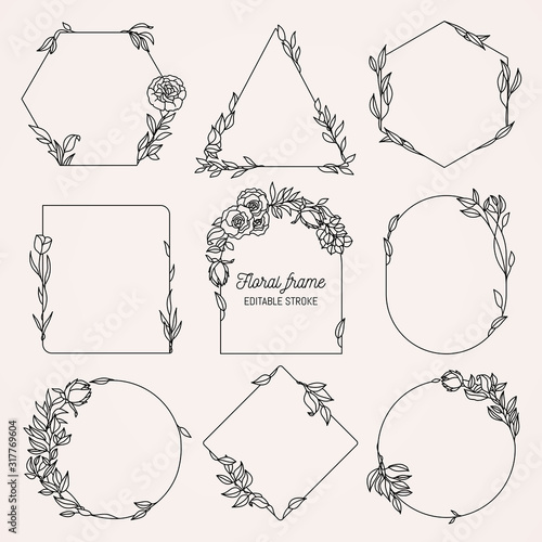 Collection of geometric vector floral frames. Round, oval, triangle, square Borders decorated with hand drawn delicate flowers, branches, leaves, blossom