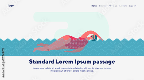 Swimming fat woman. Swimwear, water, activity flat vector illustration. Sport, fitness, weight losing concept for banner, website design or landing web page