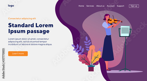 Musician playing violin. Woman, symphony, musical instrument. Flat vector illustrations. Concert, music, culture, hobby concept for banner, website design or landing web page