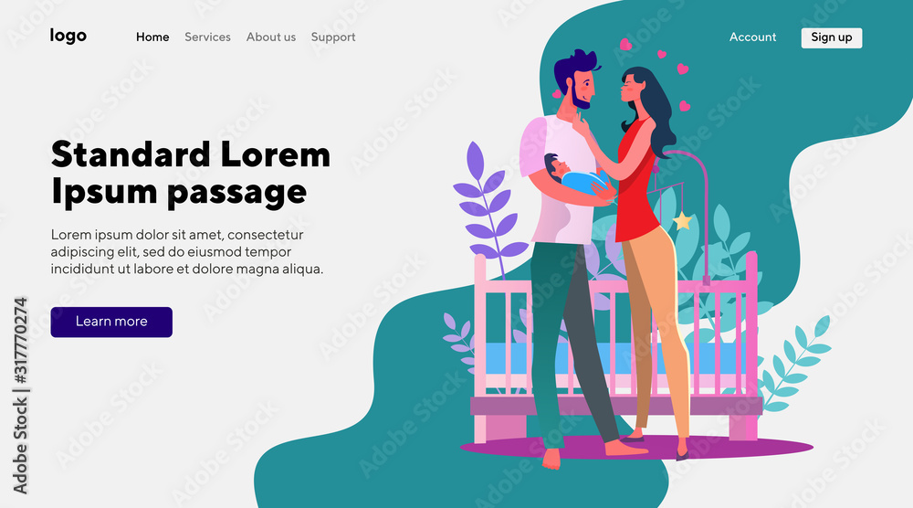New parents soothing baby. Couple in love, crib, holding kid flat vector illustration. Family, parenthood, togetherness concept for banner, website design or landing web page