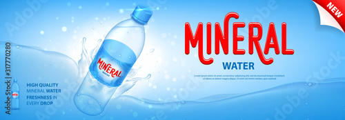 Mineral water promo banner. Realistic plastic bottle with water splashes and drops. Vector illustration with 3d transparent bottle on blue background. Mockup template for promotion of beverages.
