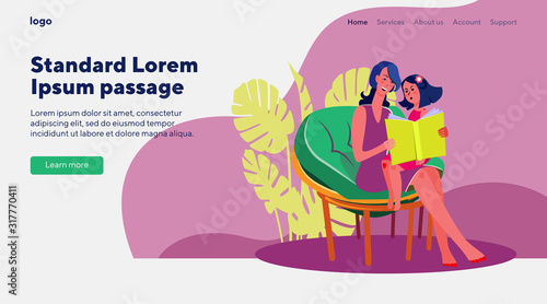 Little girl reading book with her mom. Mother and daughter spending time together flat vector illustration. Fairy tale, teaching, leisure concept for banner, website design or landing web page
