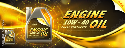 Engine oil advertisement banner. Vector illustration with realistic canister and motor oil current on bright background. 3d ads template.