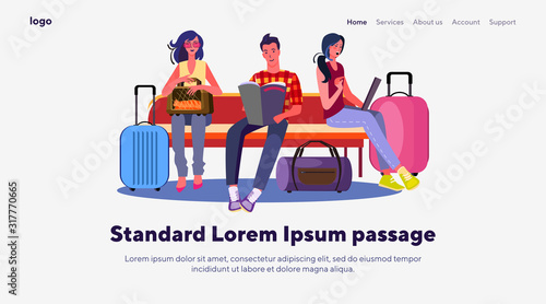 Passengers in airport. Man and women wit suitcases sitting on bench flat vector illustration. Tourism, travel, waiting concept for banner, website design or landing web page