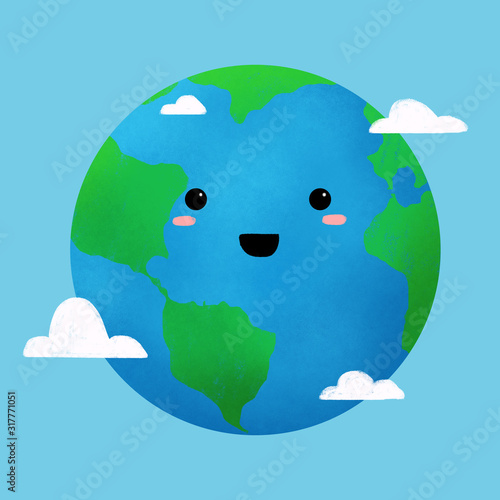 Fototapeta Naklejka Na Ścianę i Meble -  planet earth kawaii cartoon,earth day hand drawn illustration