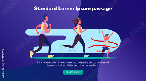 People running marathon. Runners, competitors, crossing finish line flat vector illustration. Competition, sport, race concept for banner, website design or landing web page