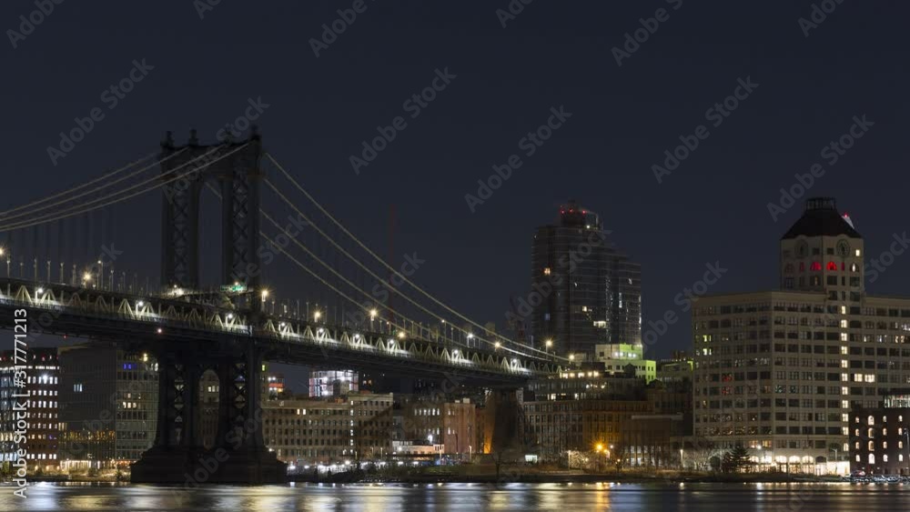 Manhattan Bridge with Dumbo location night to day Time-lapse with crescent moonrise Manhattan Bridge with Dumbo location night to day Time-lapse with crescent moonrise