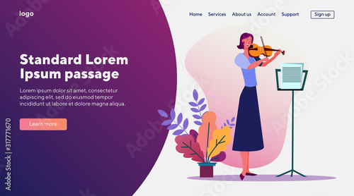 Woman playing violin. Musician, performer, musical instrument. Flat vector illustrations. Concert, classical music, melody concept for banner, website design or landing web page
