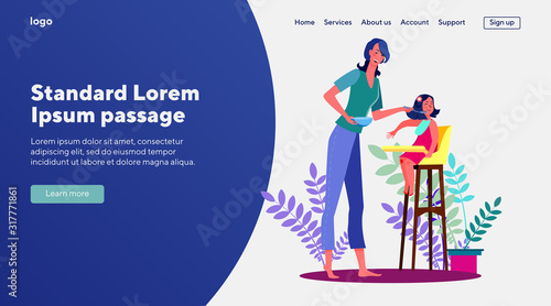 Happy mother feeding little daughter. Child care, eating chair, highchair. Flat vector illustrations. Motherhood, nutrition, meal concept for banner, website design or landing web page