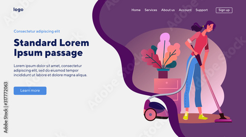 Woman using vacuum cleaner at home. Cleaning floor, domestic appliance, tool. Flat vector illustrations. Cleanup, hygiene, chores concept for banner, website design or landing web page