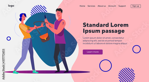 Gangster with knife stealing woman bag. Assault, danger, theft flat vector illustration. Crime, attack, robbery concept for banner, website design or landing web page
