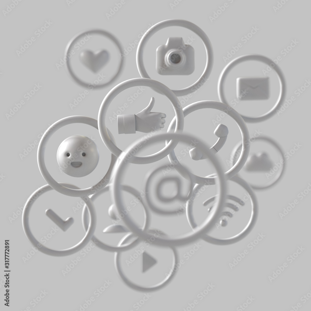 monochrome composition of flying social network icons. - 3d, 3d rendering monochrome composition of flying social network icons. - 3d, 3d rendering
