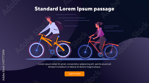 Couple riding bikes together. Man and woman, cycling, bicycle flat vector illustration. Summer, outdoor activity, lifestyle concept for banner, website design or landing web page
