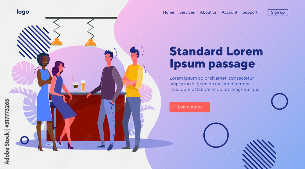 Guys and girls meeting in bar. Friends, acquaintance, drink flat vector illustration. Acquaintance, dating, flirt concept for banner, website design or landing web page