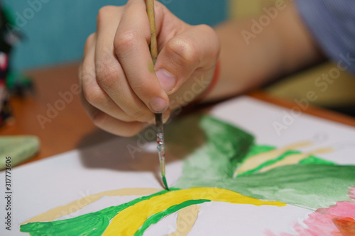 Child painting her picture. Concepts of creativity and education. photo