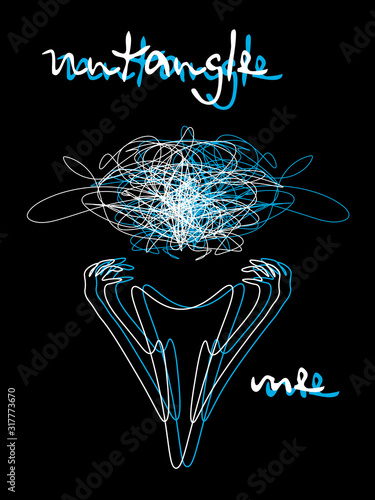Line art with hands holding tangled thoughts instead of head, text 'untangle me'