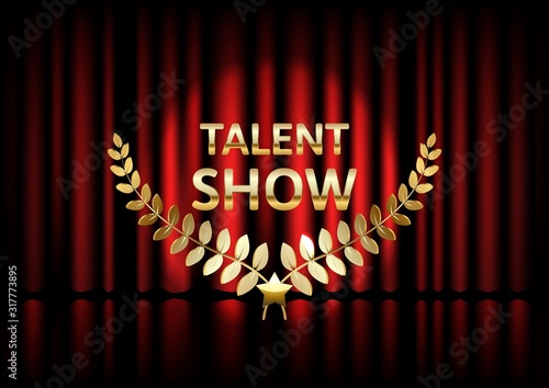 Talent show banner, poster, gold inscription on red curtain, advertising or invitation, event,