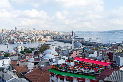 Birds eye view of Istanbul's rooftops, Galata tower, Bosphorus photo