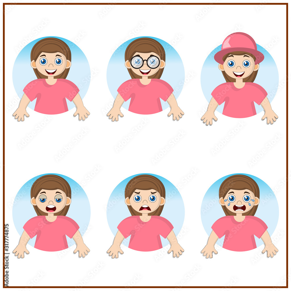 Different emotions of the little girl. Isolated on white background. Vector illustration. Different emotions of the little girl. Isolated on white background. Vector illustration.