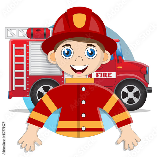 Cute boy firefighter. Isolated on white background. Vector illustration.