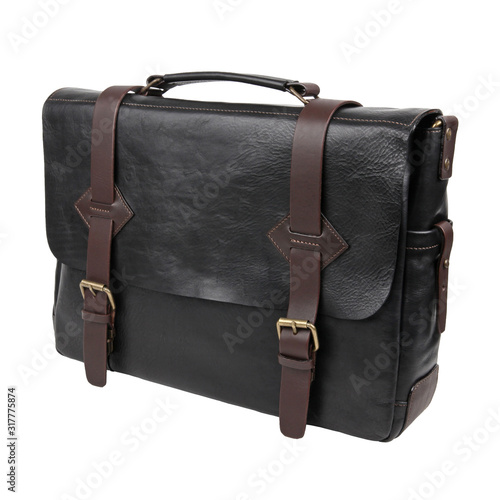 New fashion bag in black leather with brown belts. Isolated on white