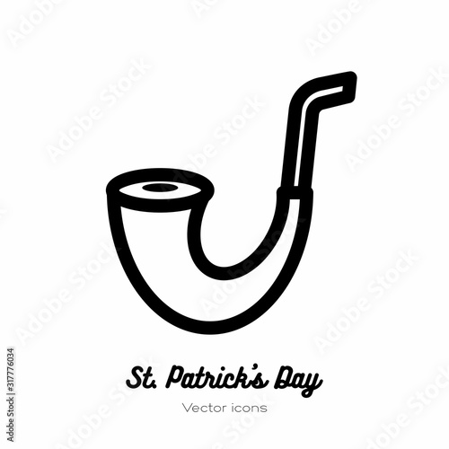 Saint Patricks day leprechaun smoke pipe, shamrock vector icon. Black white line art flat icon for logo, sign, button. Minimalist st Patricks day menu, flyer, poster. Isolated Patrick tobacco pipe.