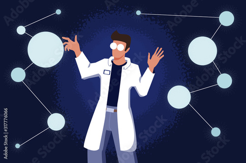Male scientist in lab coat checking artificial neurons connected into neural network.