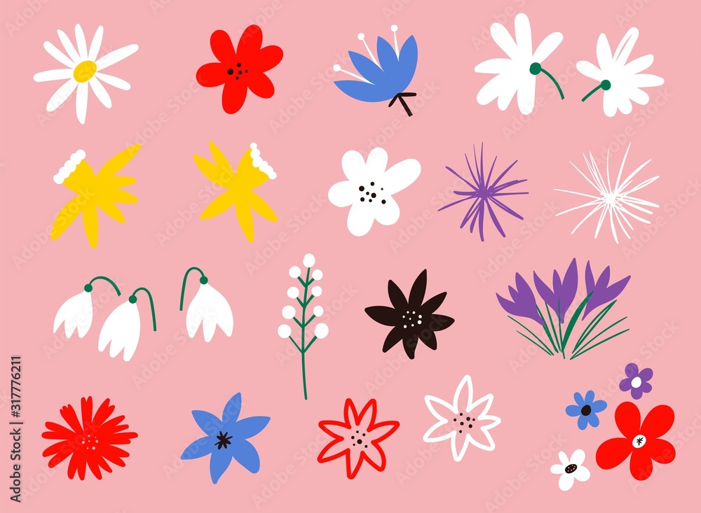 Flower icon collection. Flat cartoon vector illustration. Set of floral branch. collection of hand drawn floral elements. solated on white for greeting cards, Easter, thanksgiving, scrap booking.