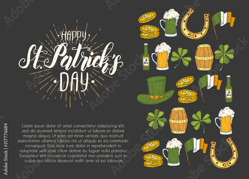 St Patrick's day poster with Hand drawn  St. Patrick's hat, horseshoe, beer, barrel, irish flag, four-leaf clover and gold coins. Lettering. Engraving illustrations