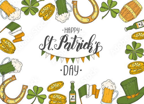 St Patrick's day poster with Hand drawn  St. Patrick's hat, horseshoe, beer, barrel, irish flag, four-leaf clover and gold coins. Lettering. Engraving illustrations