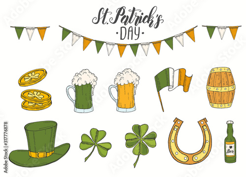St Patrick's day poster with Hand drawn St. Patrick's hat, horseshoe, beer, barrel, irish flag, four-leaf clover and gold coins. Lettering. Engraving illustrations