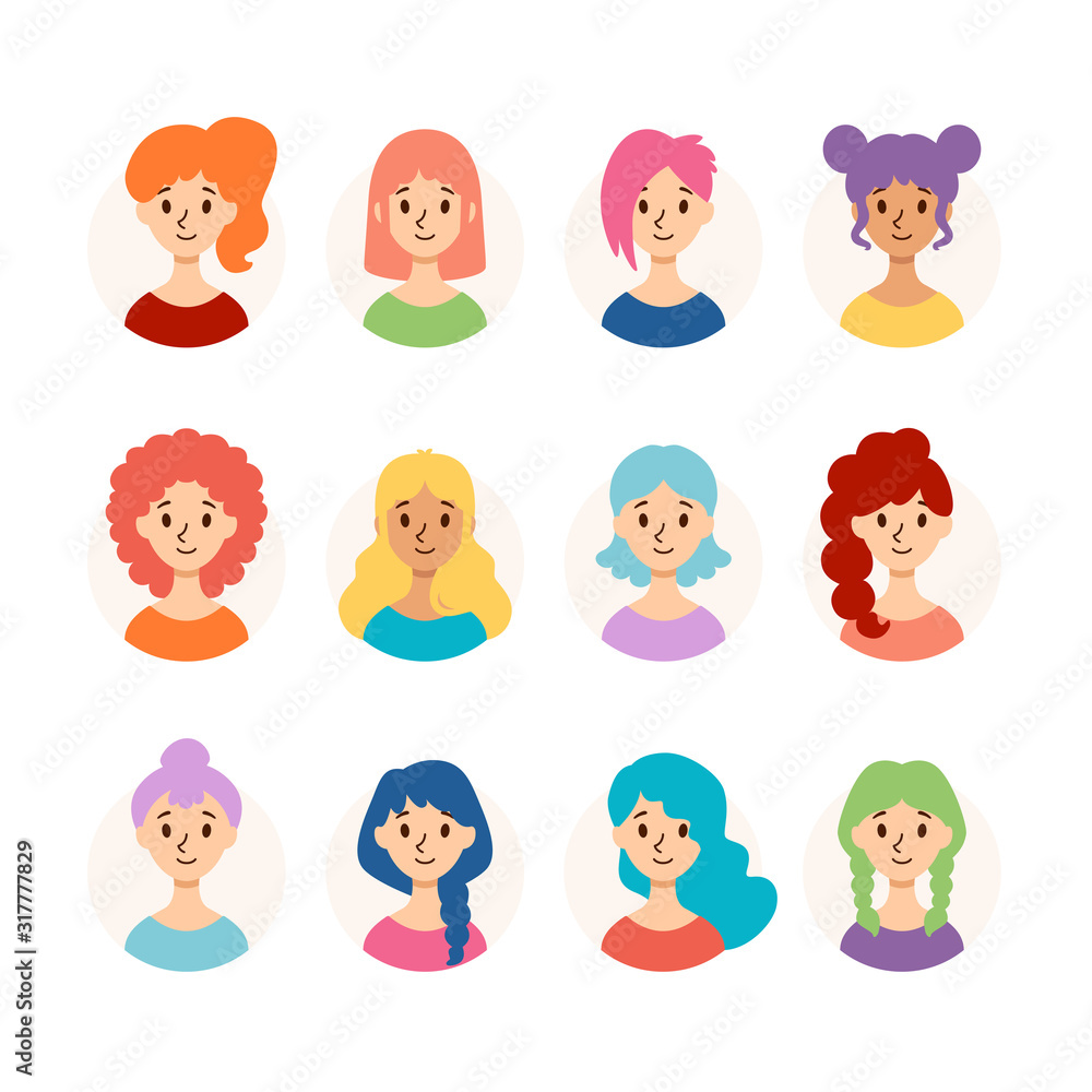 Set of beautiful women with different hairstyles and hair color. Collection of cute girls avatars. Vector illustration isolated on white background. Flat style. Set of beautiful women with different hairstyles and hair color. Collection of cute girls avatars. Vector illustration isolated on white background. Flat style.
