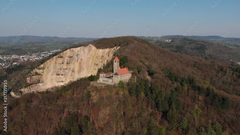 Beautiful evening flight over castle Wachenburg. The home of the German student corporations on Mount Wachenberg over the city of Weinheim. Germany. Beautiful evening flight over castle Wachenburg. The home of the German student corporations on Mount Wachenberg over the city of Weinheim. Germany.