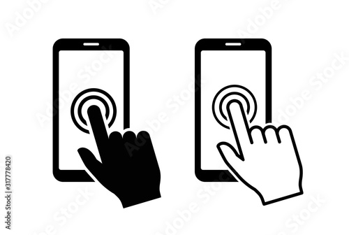 Hand touch screen smartphone icon. Click on the smartphone. Vector icon