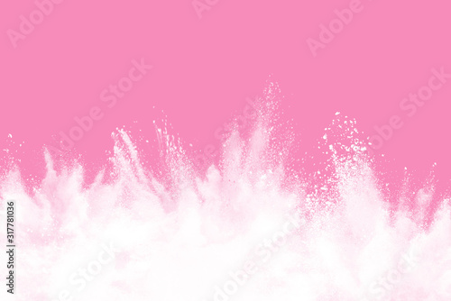 White powder explosion isolated pink background. © piyaphong